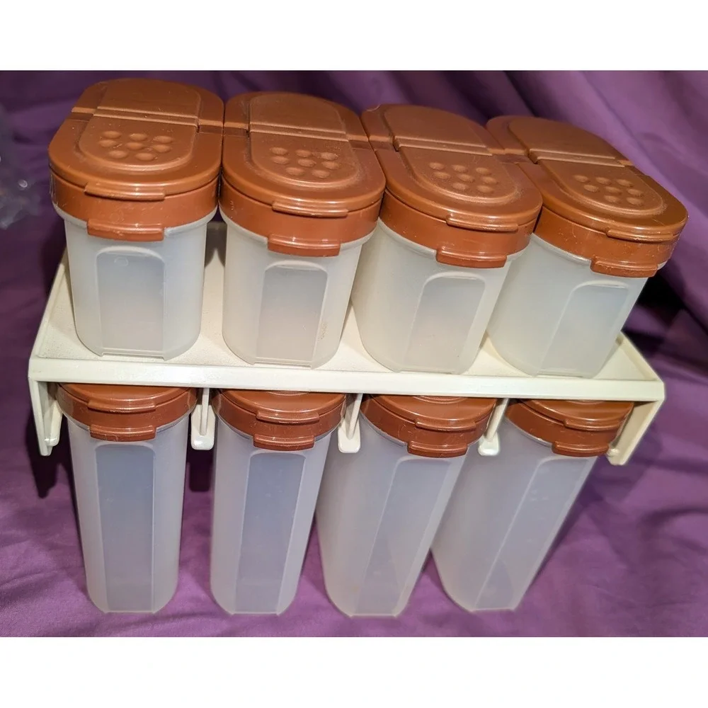 Vintage Tupperware Brown 8pc Modular Mates Spice Rack Wall Mount 1843 1845